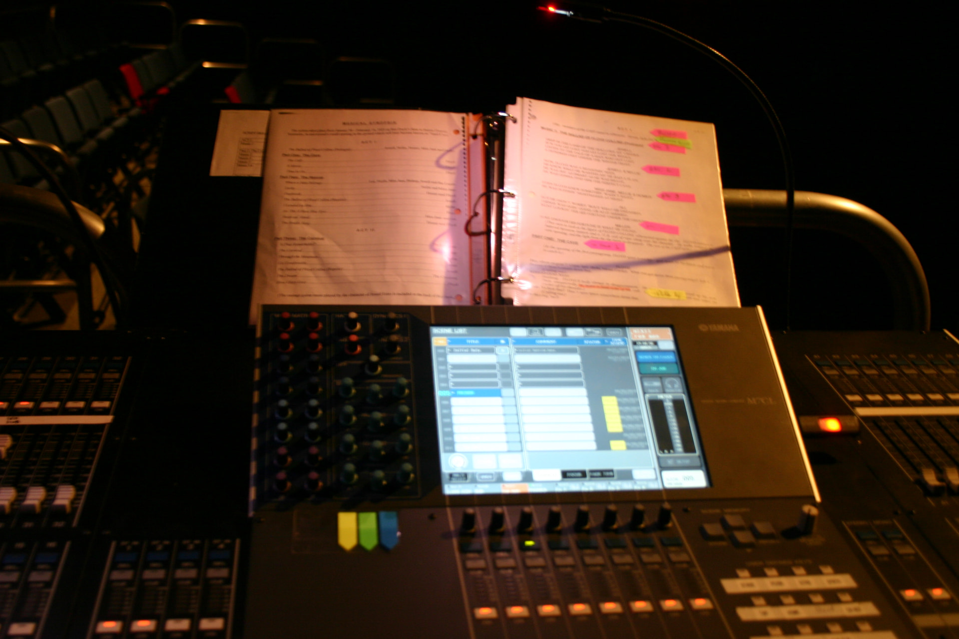 Floyd Collins — the scene list on the console with the tabbed show script above