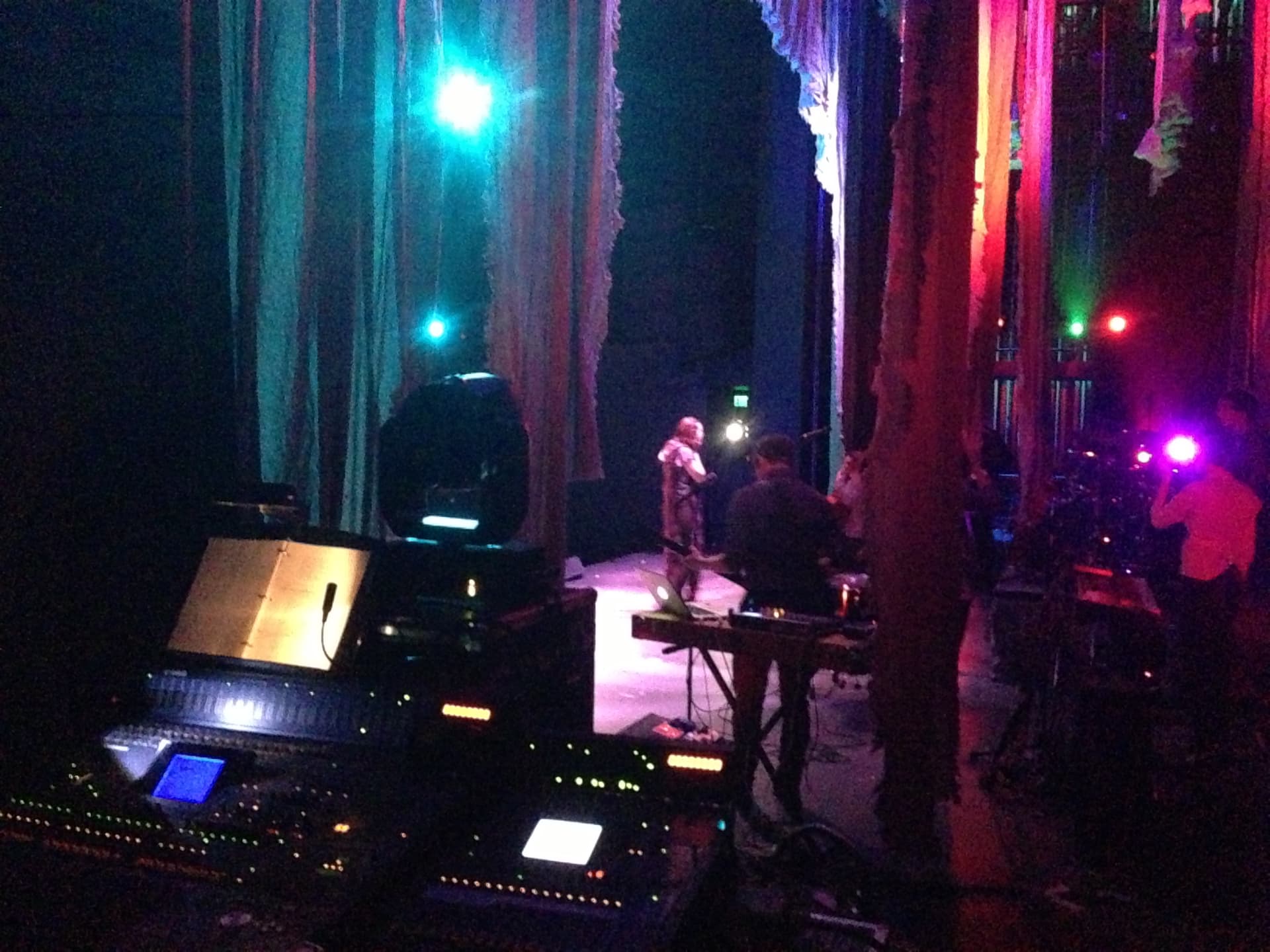 Medea — lighting and audio consoles with performer onstage