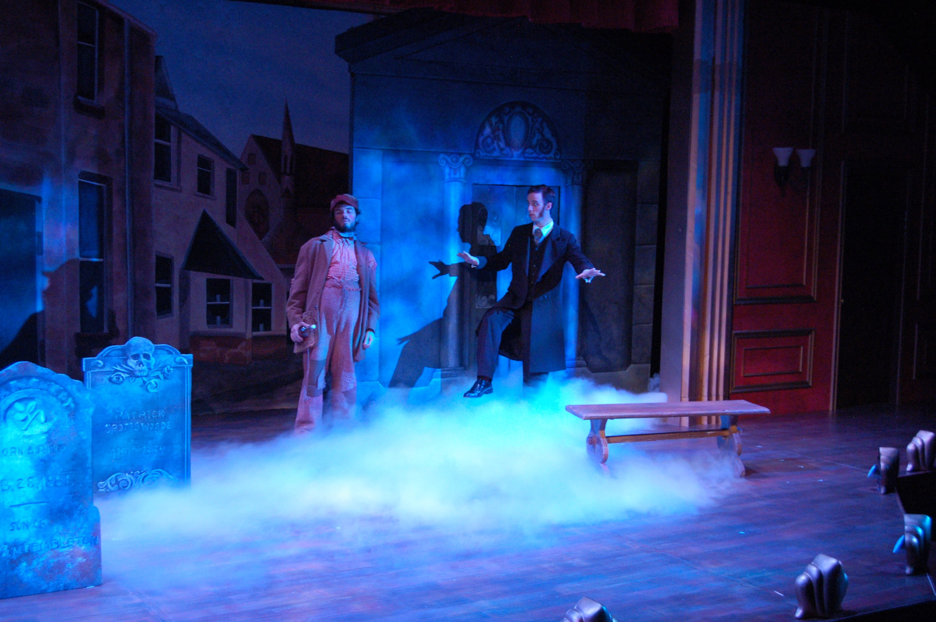 The Mystery of Edwin Drood — the graveyard in blue light and rolling fog